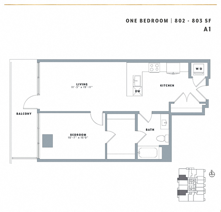 Floor plan for 1 bed, 1 bath, 802 sqft